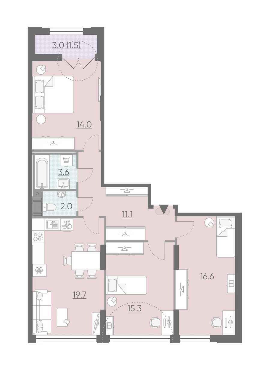 Трехкомнатная квартира в : площадь 83.8 м2 , этаж: 7 – купить в Санкт-Петербурге